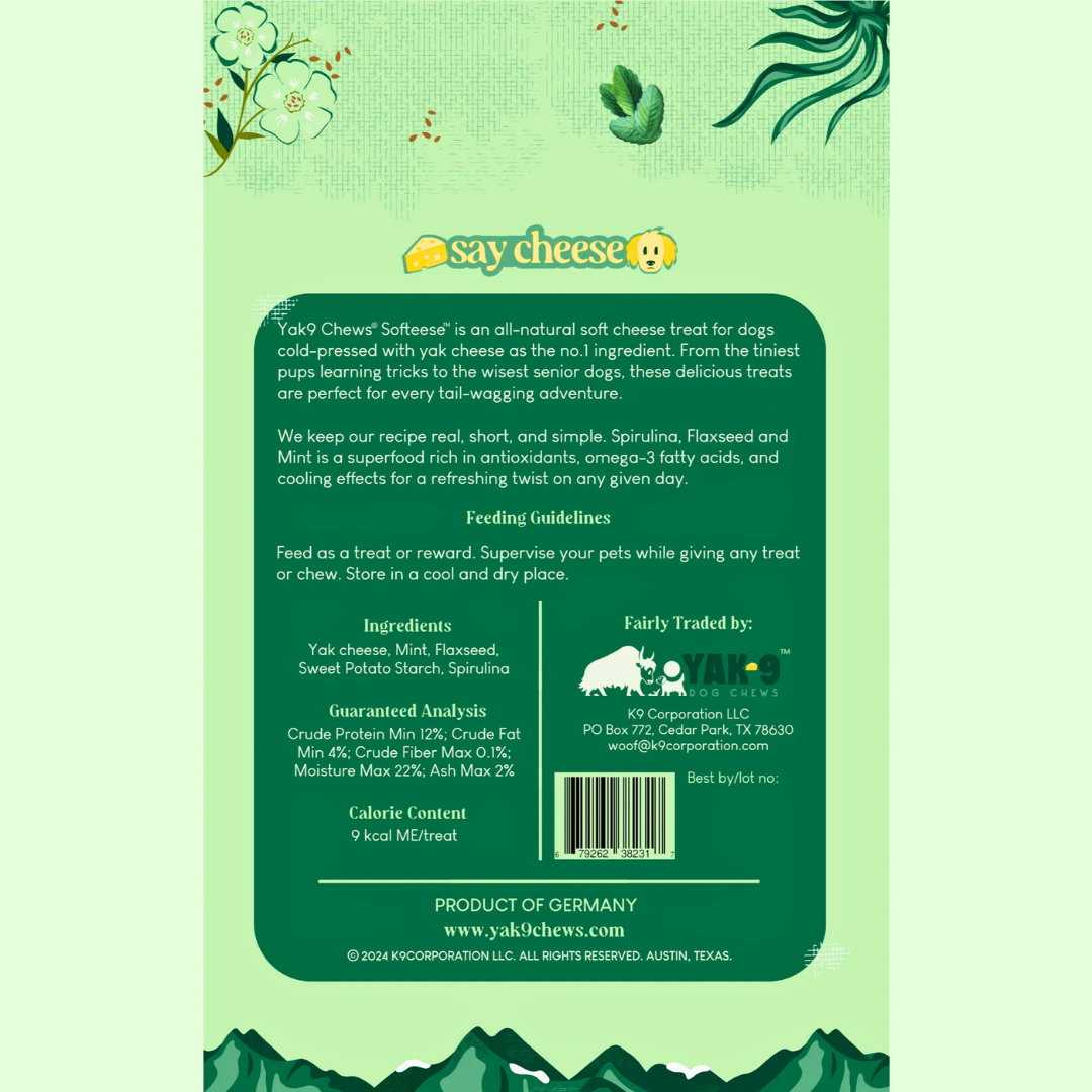 Yak9 Softeese Yak Cheese Bites | Spirulina + Mint + Flaxseed