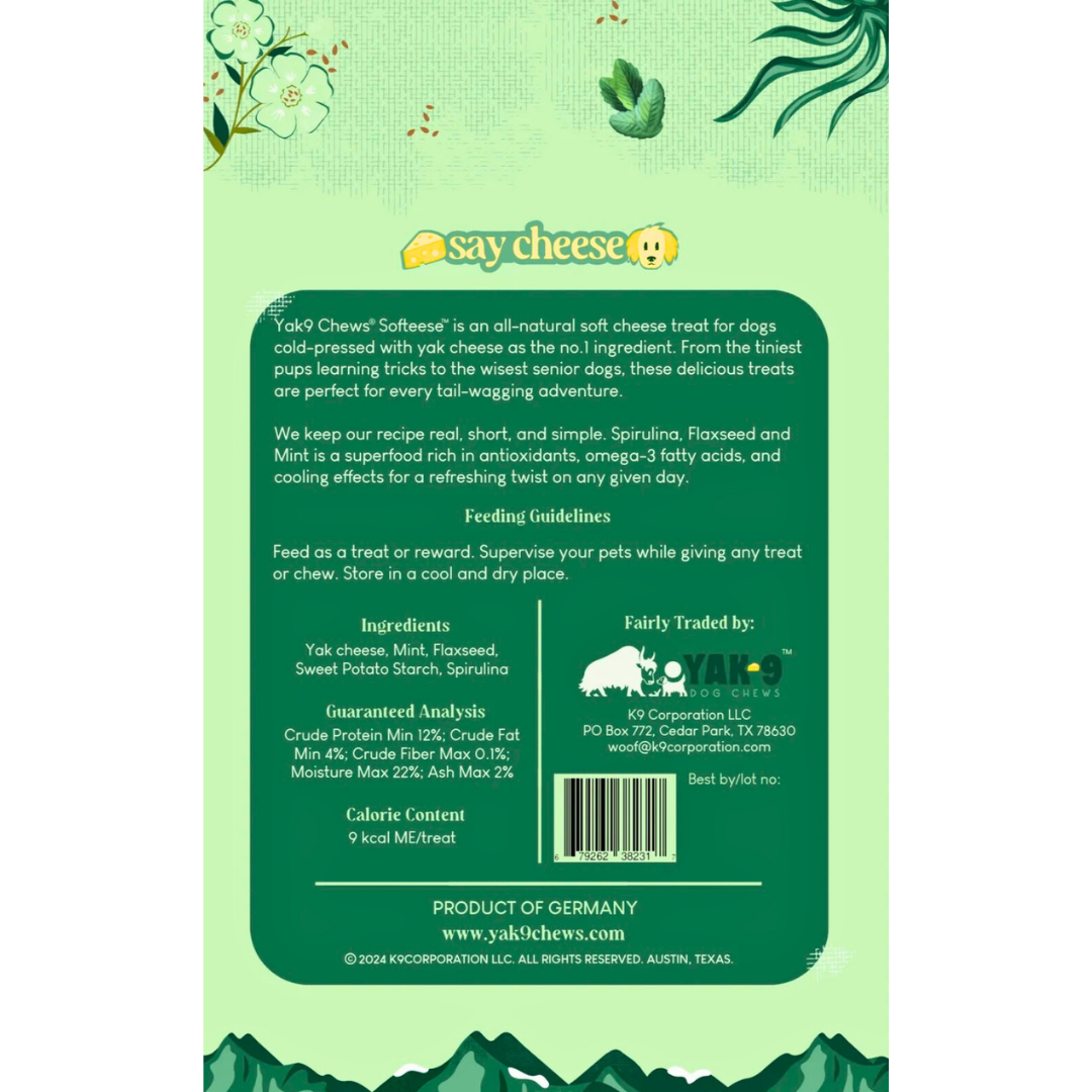 Yak9 Softeese Yak Cheese Bites | Spirulina + Mint + Flaxseed
