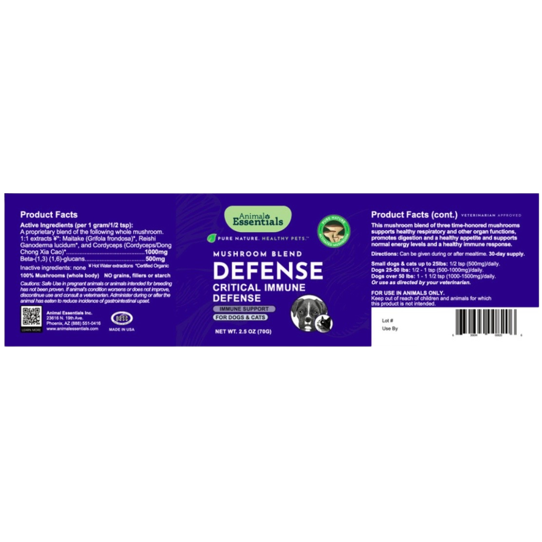 Animal Essentials Defense Organic Mushroom Blend | Immune + Cellular Support