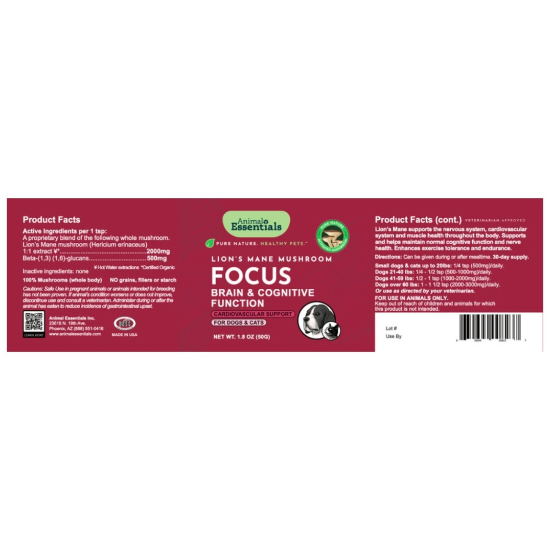 Animal Essentials Focus Organic Lion’s Mane Mushroom | Brain + Nerve Support