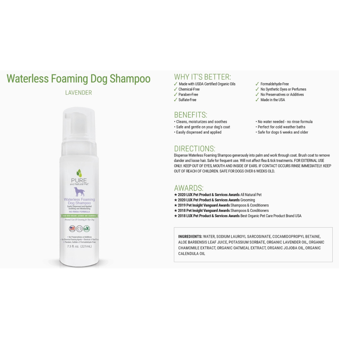 Pure and Natural Pet Organic Waterless Foaming Dog Shampoo | Lavender