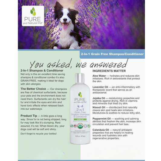 Pure and Natural Pet Organic 2-In-1 Shampoo & Conditioner | Lavender & Mint