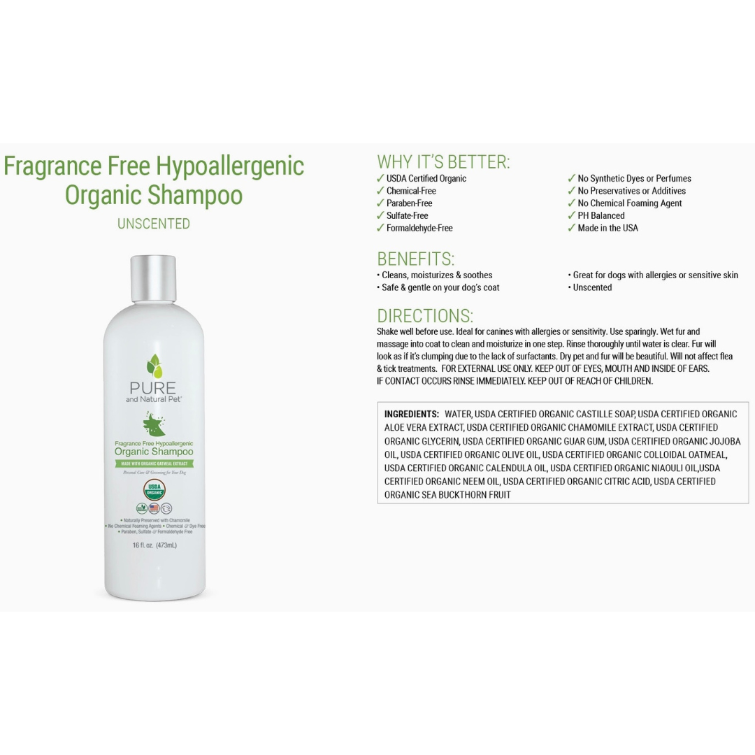 Pure and Natural Pet Organic Fragrance Free Hypoallergenic Shampoo