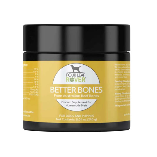 Better Bones helps dog owners build their own raw and cooked meals with a safe source of bone. The bones come from fully inspected Australian grass-fed cattle and are carefully freeze-dried and powdered.
