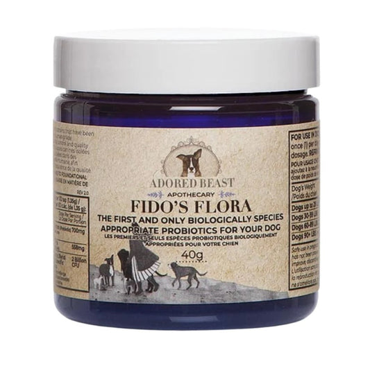 Fido's Flora is the first biologically species-specific probiotic for your dog. This revolutionary product from dogs, for dogs, is a multi-strain probiotic blend featuring powerhouse minerals fulvic and humic acid and prebiotic larch.