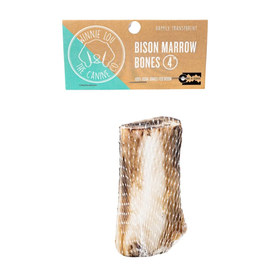 Utilizing local Colorado Bison with hindshank and femur marrow bones from slow-roasted bison on the outside to the rich, delicious marrow on the inside, these bison marrow bones will keep dogs occupied and happy for hours!  