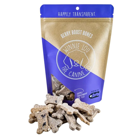 These treats from Winnie Lou are here to add antioxidants, help with urinary tract health, and satisfy those taste buds! Berry Boost bones are crafted with grain-free flour, fresh berries, coconut oil, and organic Colorado applesauce. 