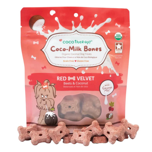 Coco-Milk Bones Red Velvet is made with creamy organic coconut milk. Coconut milk is rich in medium chain triglycerides and is a healthy source of beneficial fatty acids. It is a delicious, crunchy treat that supports optimal immune health and digestive health in your dog. 