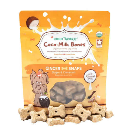 Coco-Milk Bones Ginger Snaps is made with creamy organic coconut milk. Coconut milk is rich in medium chain triglycerides and is a healthy source of beneficial fatty acids. It is a delicious, crunchy treat that supports optimal immune health and digestive health in your dog.