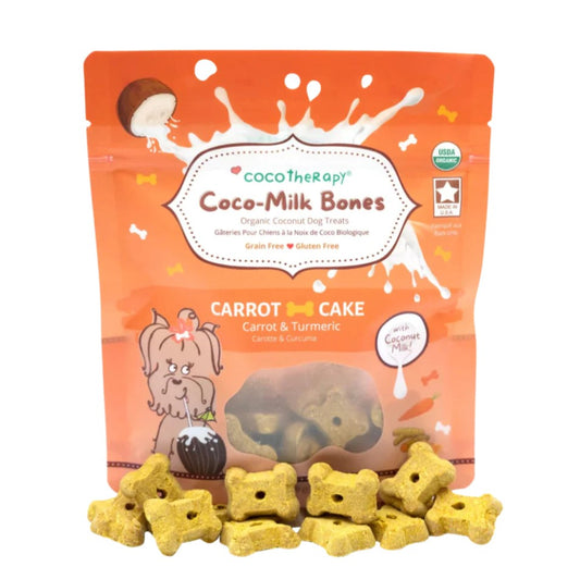 Coco-Milk Bones Carrot Cake is made with creamy organic coconut milk. Coconut milk is rich in medium chain triglycerides and is a healthy source of beneficial fatty acids. It is a delicious, crunchy treat that supports optimal immune health and digestive health in your dog. 