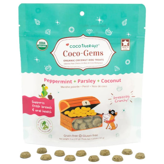 Coco-Gems Peppermint + Parsley + Coconut is a delicious, crunchy training treat that supports fresh breath, oral, and digestive health in your dog.