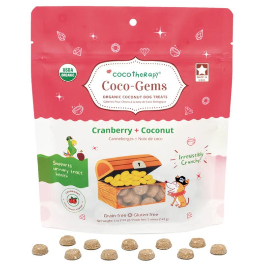 Coco-Gems Cranberry + Coconut is a delicious, crunchy training treat that supports urinary tract health and digestive health in your dog. 
