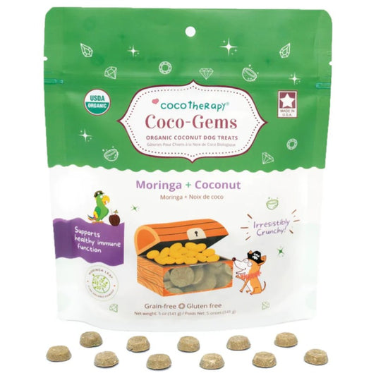 Coco-Gems Moringa + Coconut is a delicious, crunchy training treat that supports healthy immune function and digestive health in your dog. 